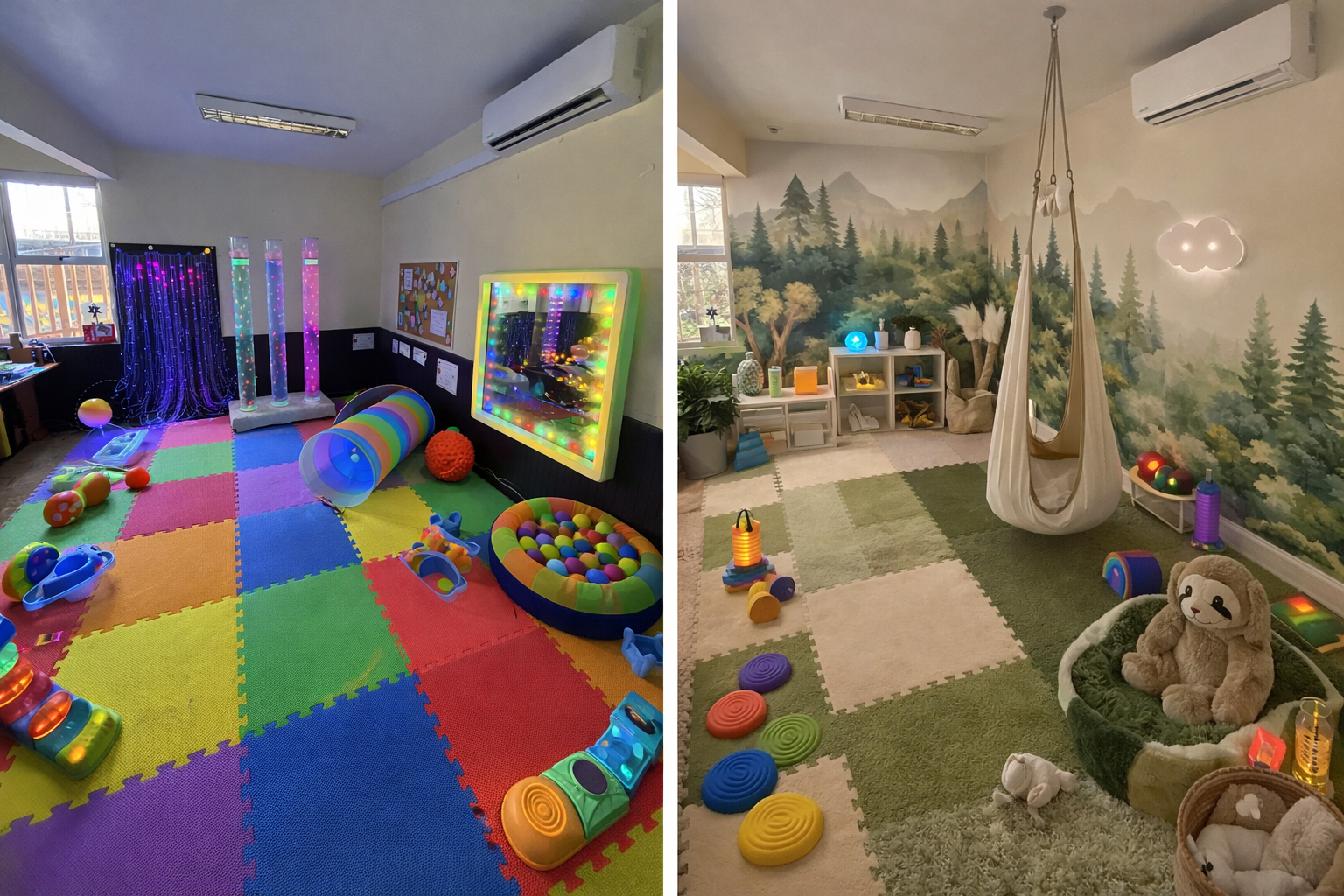 Comparación de un espacio sensorial tradicional sobreestimulante versus una sala de calma biofílica diseñada por Fradela